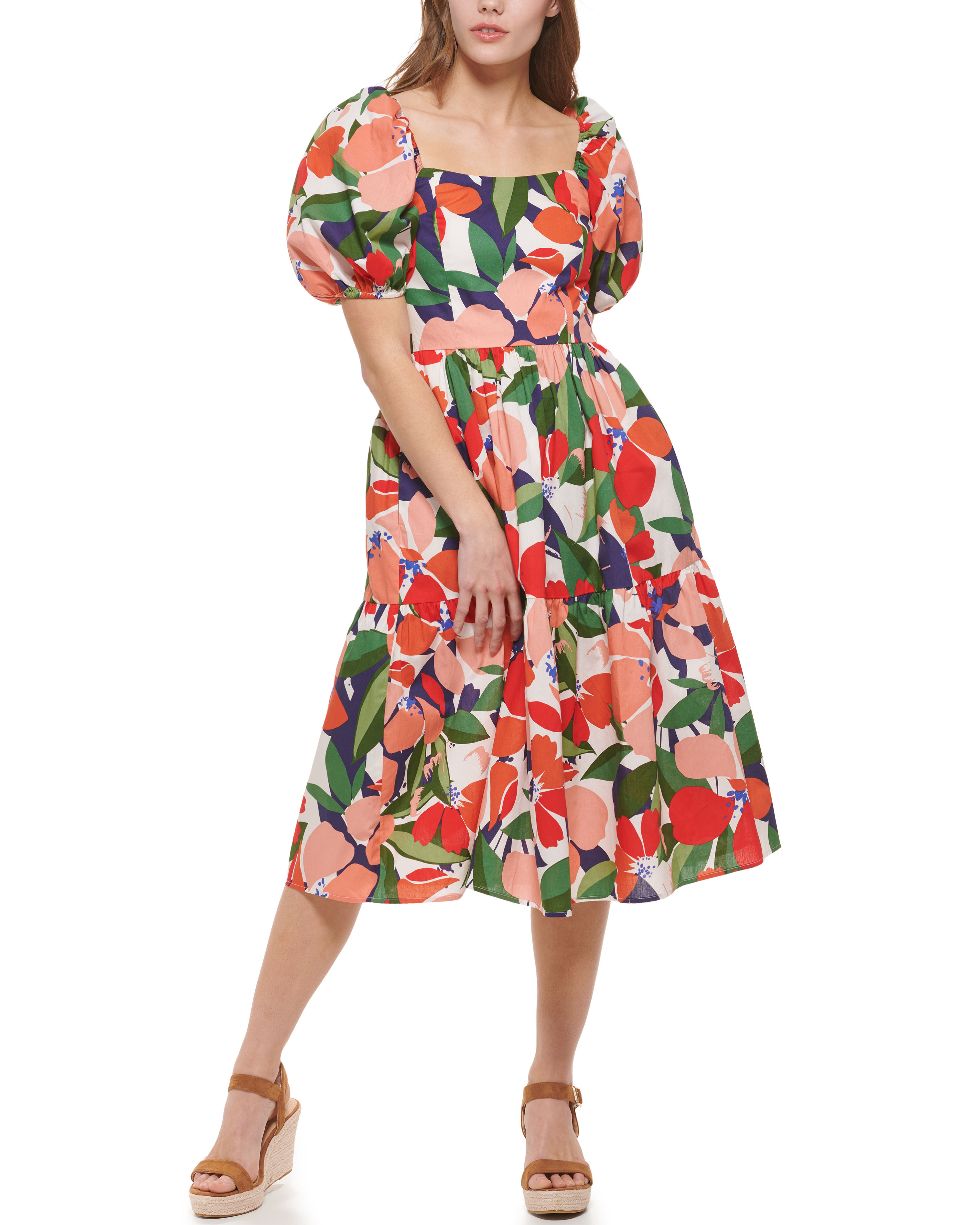 Women's Vince Camuto Floral Print Midi Dress Size 2 Tangerine