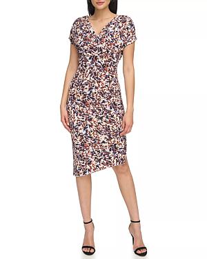 Vince Camuto Floral-print Ruched-sleeve Dress