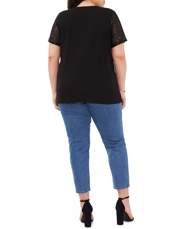 Vince Camuto Sequined-Sleeve T-shirt (Plus Size)