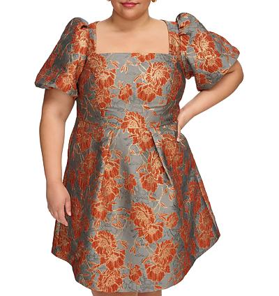 Vince Camuto Plus Size Jacquard Square Neck Short Puffed Sleeve A-Line Dress, Womens, 14W, Rust