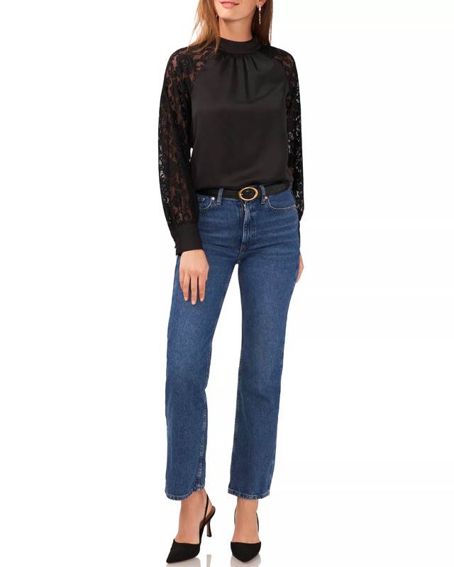 Vince Camuto Friends Womens Printed Lace Hook & Eye Top Blouse